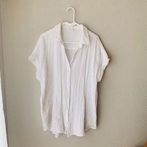 Beach Lunch Lounge White Cotton Gauze Cotton Button Up Short Sleeve Top Sz XL